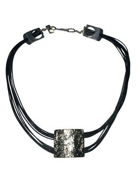 ANNE MARIE CHAGNON Modernist Pewter , Metal And Leather  Necklace 18”